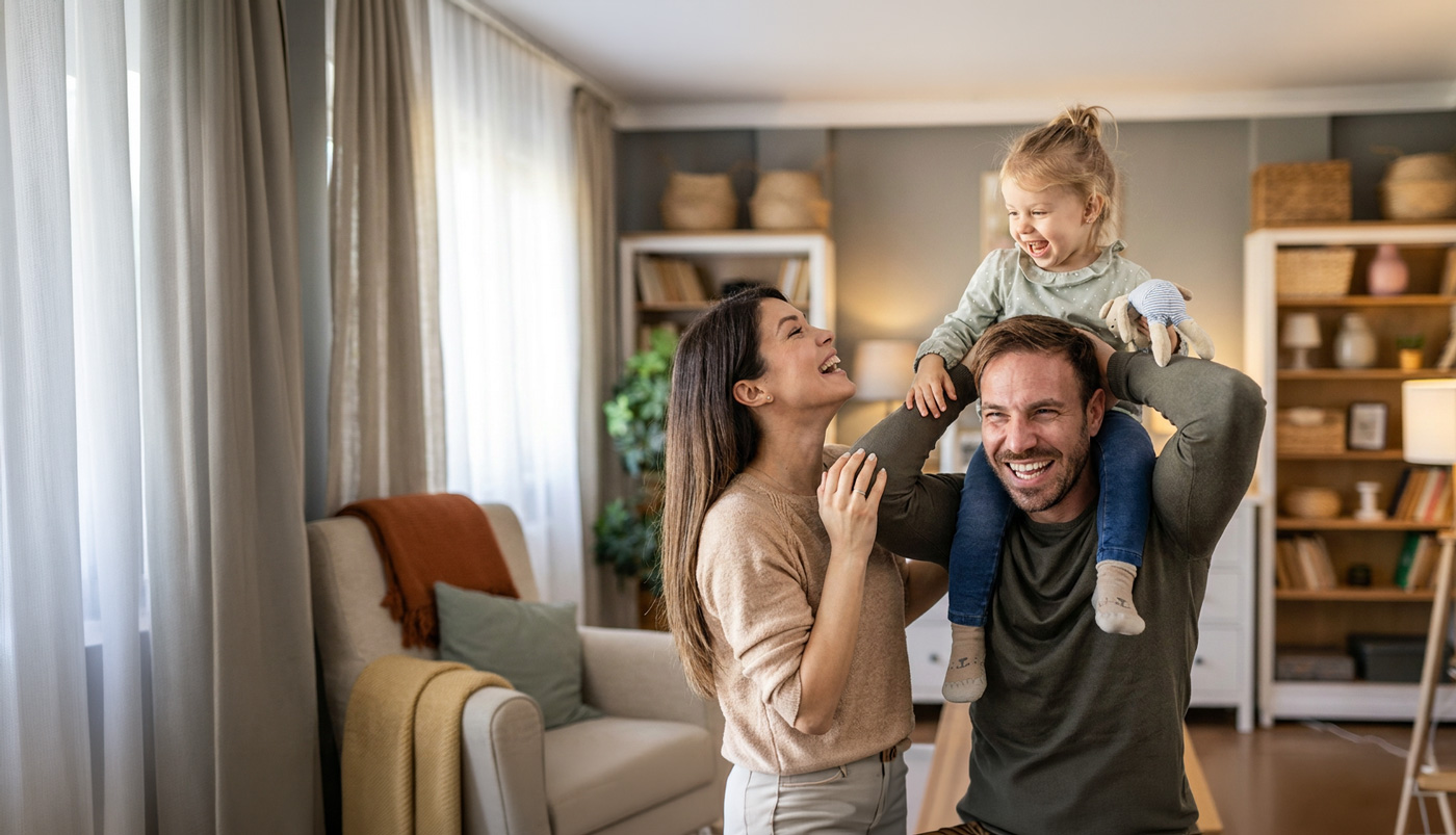 Glückliche Familie zu Hause in Duisburg